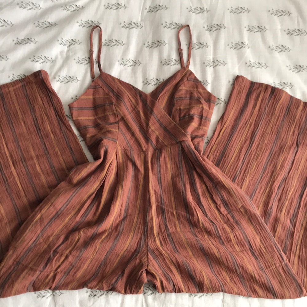 Wide Leg Striped Jumpsuit in Earthy Tones with Pockets